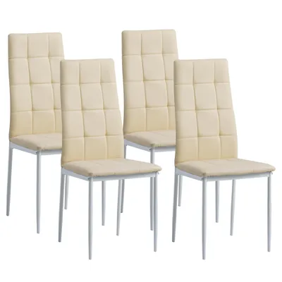 Four beige dining chairs are arranged in a row against a white background.