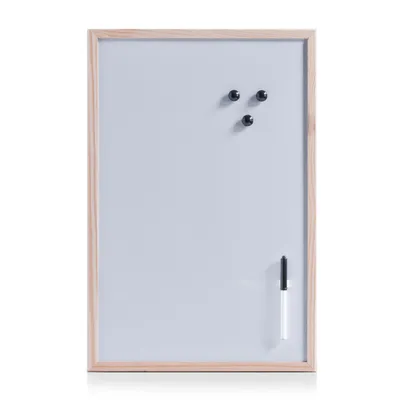A whiteboard with magnets and a marker.