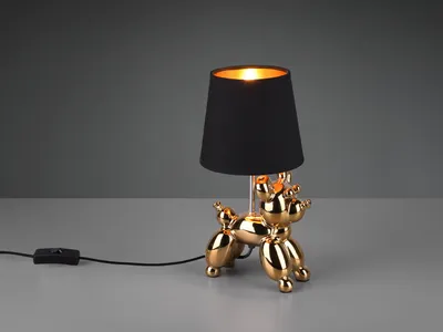 Produktbild von Coole Tischleuchte Keramik Hund Gold mit Stoff Lampenschirm in Schwarz Höhe 33cm