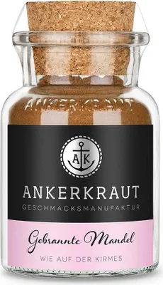 A glass jar with a cork lid containing a spice product, labeled with brand and product information.