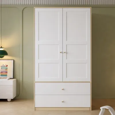 Immagine prodotto di Armadio con 2 ante e 2 cassetti, dimensioni 100 x 48 x 180 cm, colore bianco e finitura effetto legno