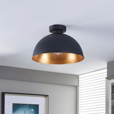 Produktbild von Lindby - Industrie I Vintage I Industrie I Vintage I Deckenleuchte I Deckenlampe I Lampe I Leuchte schwarz mit Gold I Messing - Magna Eglip I Wohnzimmer I Schlafzimmer - Stahl Rund - LED geeignet E27