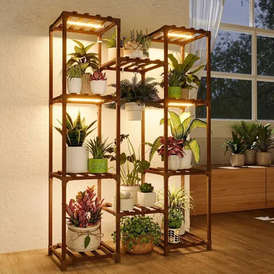 Produktbild von Blumenständer Pflanzenregal Holz mit LED Grow Light 10-stufig