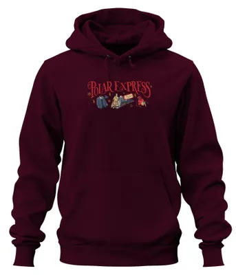 Zdjęcie produktu dla Polar Express, świąteczny pociąg, napis "I Believe", bluza z kapturem, kolor burgundowy, rozmiar L