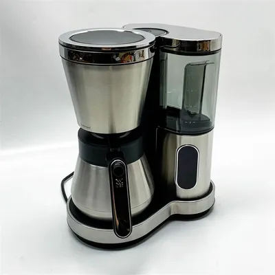 A stainless steel and black coffee maker with a thermal carafe and a water reservoir is shown against a white background.
