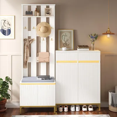 Produktbild von Merax Garderoben Set mit Schuhschrank und Sitzbank, Flurgarderobe mit Kleiderhaken und Regal, Garderobenschrank mit LED-Beleuchtung per App, Weiß