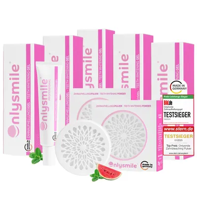 Image de Kit de blanchiment dentaire OnlySmile, offre de blanchiment sur 1 an : 5 flacons de gel blanchissant et 2 pots de poudre dentaire