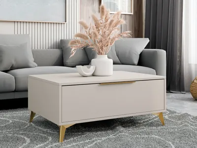 A modern living room scene featuring a coffee table with a drawer and gold metal legs, placed in front of a gray sofa. A vase with dried flowers sits on top of the table.