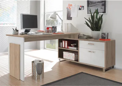 Produktbild von Margate I Winkelschreibtisch Sonoma-Eiche / Weiß, Spanplatte, inkl. Sideboard mit 2 Holztüren, 1 Schublade, 2 offene Fächer, variabel montierbar, Schreibtisch: B140xH76xT65cm, Sideboard: B130xH62xT40cm, Modern