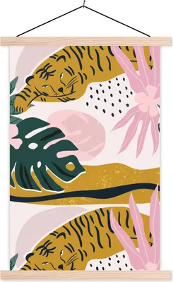 Produktbild von MuchoWow® Textilposter Tiger - Blätter - Dschungel - Muster 40x60 cm mit holzfarbenen Rahmen - Poster