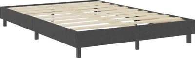 A dark gray upholstered bed frame with wooden slats and legs, shown from a slightly elevated angle.