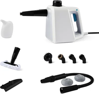 Imagen del producto de Limpiador a vapor portátil de 1000 W, con 9 accesorios, depósito de agua de 250 ml, color blanco