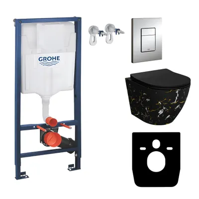Produktbild von GROHE Vorwandelement Solido + Wand Hänge WC Sofi Slim Fire Schwarz Spülrandlos + WC-Sitz SoftClose | Verchromter Knopf | Komplettset | Unterputz Spülkasten | Toilette Komplett Sett