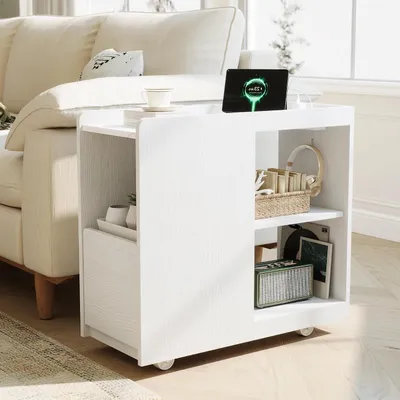 Produktbild von Nachttisch mit USB-C-Ladestation, Schublade und Rollen, Wei?