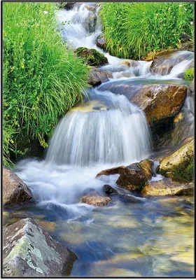 Produktbild von Wallario Wandbild Kleiner Bach über Steine, Größe: 70,30 x 100,30 cm, Poster mit schwarzem Aluminiumrahmen