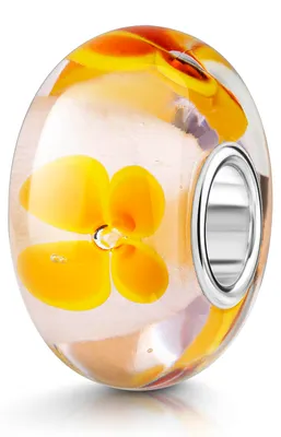 Produktbild von MATERIA by Matthias Wagner Blüten Glas Bead hellrosa mit Blumen orange gelb und 925 Silber Hülse für Armband 1256