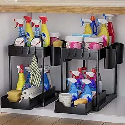 Produktbild von AIXPI Küchen Organizer 2 Etagen, Unter Waschbecken Regal mit Haken und Tasse Gewürzregal Spülschrank Organizer Küchenregal Schrank Organizer für Badezimmer Küche Schwarz 2 Set