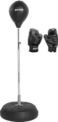 A black punching ball on a stand with a pair of black boxing gloves next to it, all on a white background.