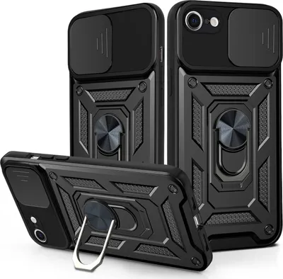Immagine prodotto di custodia iPhone SE 2020 con anello, supporto, protezione per fotocamera, paraurti in TPU, custodia in silicone per iPhone SE 2020 nero