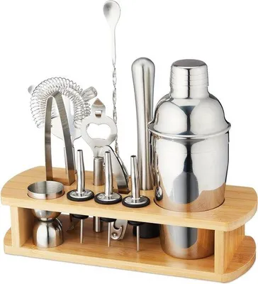 Produktbild von Silber Cocktailset 12-teilig mit Halter - Shaker - Barlöffel - Cocktailzubehör