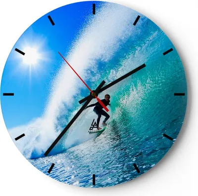 Produktbild von Wanduhr - Rund - Glasuhr - Windsurfing strand ozean spaß - 30x30cm - Schleichendes Uhrwerk - Lautlos - zum Aufhängen bereit - Dekoration Modern - Wanddekoration aus Glas - C3AR30x30-2270