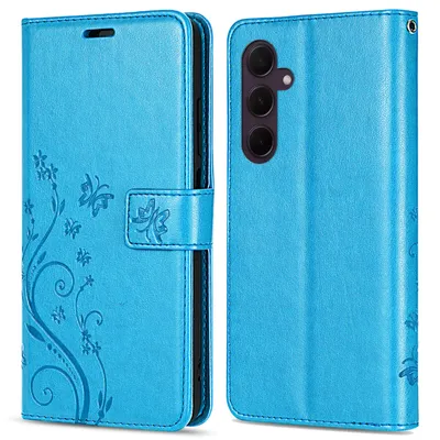 A blue flip case for a smartphone is shown from the front and back.