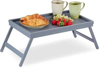 Productafbeelding van Bedtafel bamboe - Inklapbare pootjes - Verhoogde rand - Ontbijtplankje voor op bed - 4 x 50 x 31 cm - Grijs