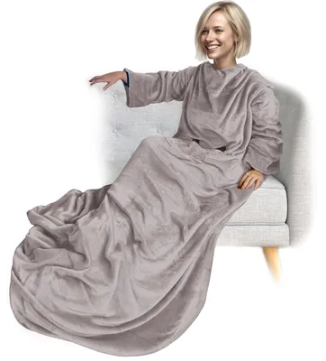 Produktbild von NYVI Ärmeldecke CozyWear Deluxe 170x200 cm Taupe - Kuscheldecke mit Ärmeln, 2 Brusttaschen, Fußtasche - Kuschelige TV-Decke für Erwachsene & Kinder - 100, Sofadecke zum Anziehen