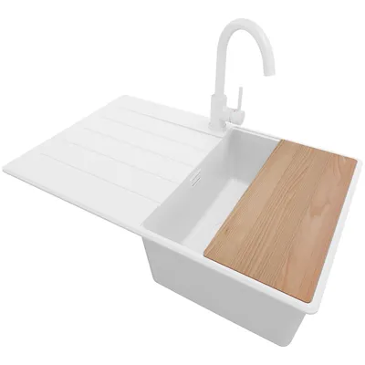 Produktbild von PRIMAGRAN Granitspüle Alles Weiß 78x50cm, Spülbecken 1 Becken + Ablauf-Set + Küchenzubehörset, Küchenspüle ab 45er Unterschrank - Kopenhagen