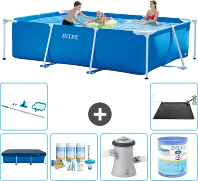 Produktbild von Intex-Schwimmbecken mit rechteckigem Rahmen – 300 x 200 x 75 cm – Blau – im Lieferumfang enthalten Abdeckung - Wartungspaket - Filterpumpe für Schwimmbad - Filter - Reinigungskit - Solarmatte