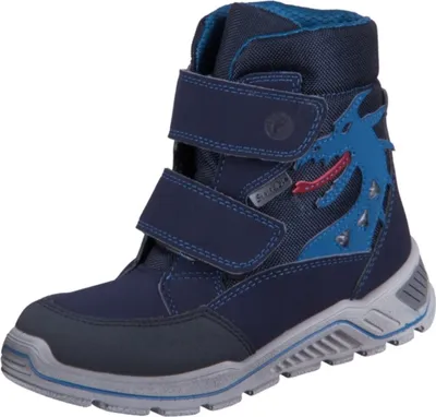 A single blue children's boot with a dragon design.