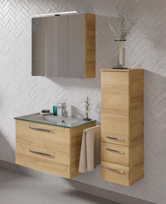Produktbild von Badezimmer Set mit LED Beleuchtung und Glaswaschbecken TRENTO-66 in Riviera Eiche Nb., B/H/T: ca. 122/200/50 cm