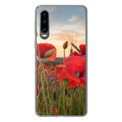 Produktbild von MuchoWow® Handyhülle Schutzhülle Hülle für Huawei P30 Sonnenuntergang hinter den schönen Mohnblumen Silikon Softcase Handy Hülle - Kartenbesitzer