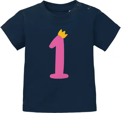 Produktbild von Baby T-Shirt 1. Geburtstag Zahl 1 mit Krone Geburtstagsshirt Aufdruck Alter kurzarm Baumwolle MoonWorks® dunkelblau-pink 80/86 (10-15 Monate)