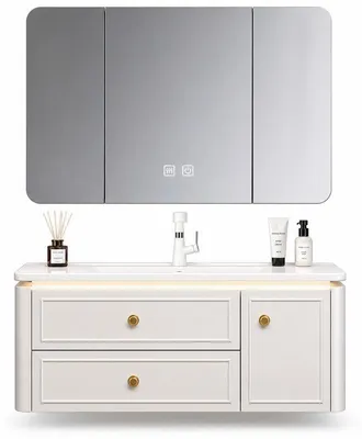 Image de Ensemble meuble de salle de bain avec vasque et armoire miroir LED - 100 cm - Blanc - ELINA