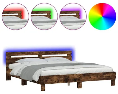 Image de vidaXL Cadre de lit avec tête de lit et éclairage LED chêne fumé
