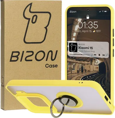 Produktbild von Bizon Case Hybrid Ring Fingerringhülle für Xiaomi 15, Rauch mit gelbem Rahmen