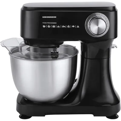 Produktbild von Planetenmischer mit Schüssel Heinner HPM-D750BK, 600W, Edelstahlschüssel 3,5l, 12 Geschwindigkeiten, Zubehör: Edelstahlschneebesen, Rührspatel und Gießerhaken aus Aluminiumguss, Schwarz