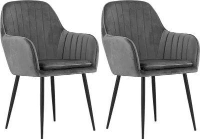 Image de lot de 2 chaises rembourrées Chaise de salle à manger Chaise de salon rembourrée, 2x gris foncé avec pieds noirs