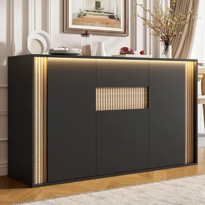 Produktbild von MODFU Kommode mit 3 Türen und 1 Schublade,Sideboard Schwarz Holzoptik mit LED, 140 × 40 × 82 cm,Buffetschrank für Wohnzimmer