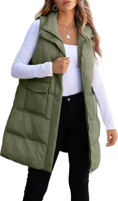 Image de ASKSA Femme Gilet sans manches en duvet Hiver Long Gilet matelassé Chaud Léger Extérieur Veste d'hiver en vrac Manteau (Vert,L)