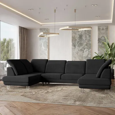 Zdjęcie produktu dla Masseno Narożnik TERAMO z funkcją spania i pojemnikiem na pościel Kształt U, Rozkładana sofa, Rogówka - Czarny, MONOLITH 95
