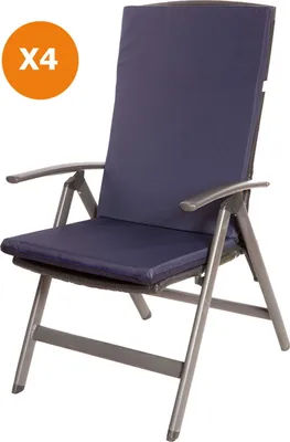A single dark blue chair cushion set on a white background.