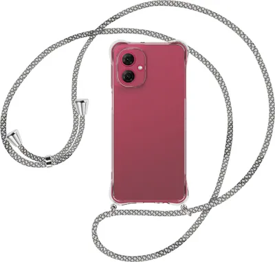 Produktbild von Handykette Backcover-Schutzhülle mit Band (Metall silberfarben) für Motorola Moto G55 5G - weiß/grau kariert