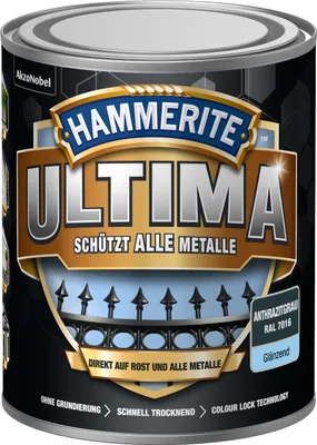 Produktbild von Hammerite Metallschutzlack Ultima Glänzend, Hochwertiger Schutzlack für alle Metalle im Außenbereich, Anthrazitgrau, RAL 7016, 750 ml