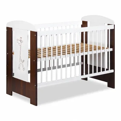 Produktbild von Babybett 120x60 cm Safari Giraffe Weiß/Nussbaum - Höhenverstellbares Kinderbett aus Holz - Gitterbett mit Motiv