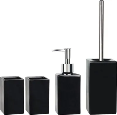 Produktbild von Spirella Badezimmer Set, 4-teiliges Badzubehör Quadro Porzellan Seifenspender, WC Bürste, und 2x Zahnputzbecher Schwarz