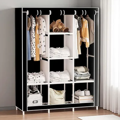 Produktbild von Tragbarer Kleiderschrank, Stoffschrank, Kleiderständer mit Kleiderstange, Ablagen und Stoffbezug, Stoffkleiderschrank faltbar, Schwarz
