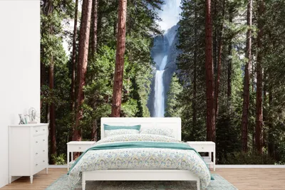Produktbild von MuchoWow® Fototapete für Wohnzimmer oder Schlafzimmer Wandtapete Vinyl Motivtapete Ein Wasserfall zwischen den Bäumen im Yosemite National Park i - 360x240 cm - Vinyl-Tapete