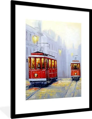 Produktbild von MuchoWow® Gerahmtes Poster Gemälde - Straßenbahn - Stadt - Öl 60x80 cm - Poster mit Schwarzem Bilderrahmen Wandposter Rahmen Foto Bilder - Wohnzimmer - Dekorationen - Prämie